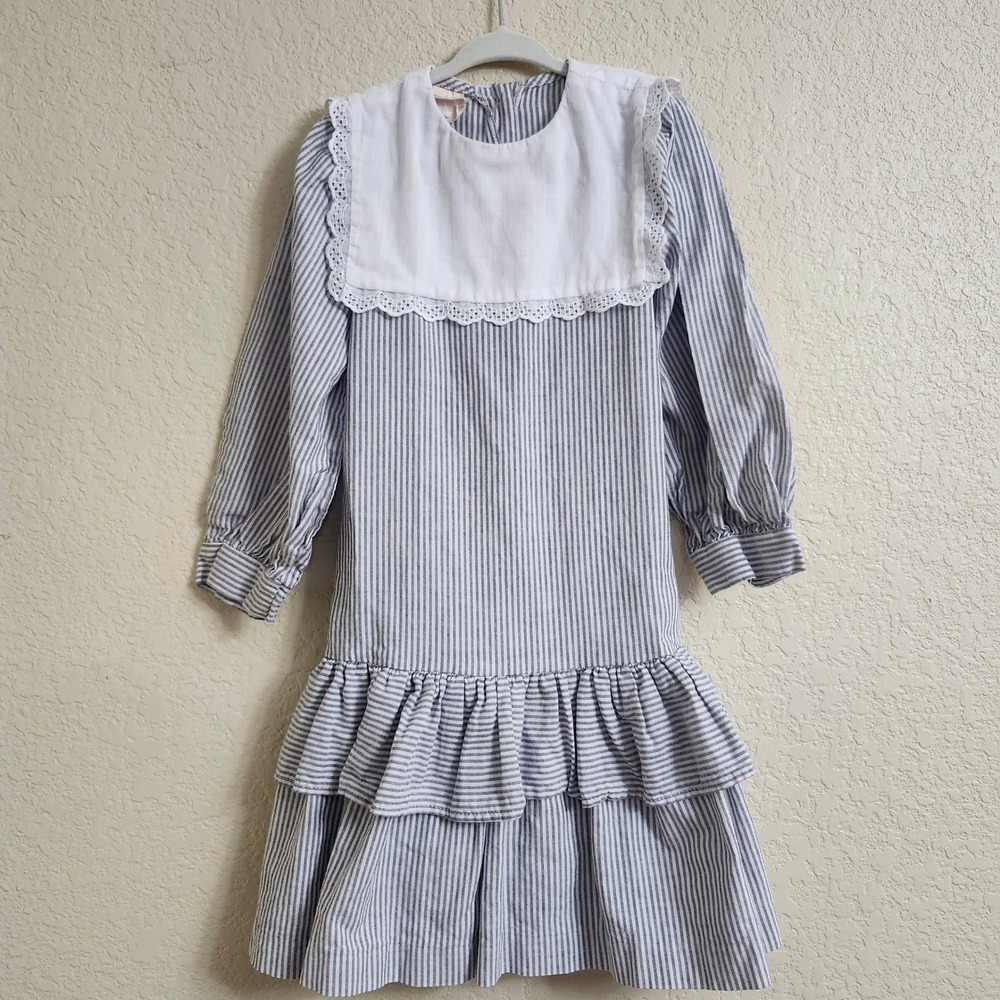 VTG Mousefeathers Size 6 Grey White Striped Lace Collar Puff Sleeve Ruffle Dress - Picture 2 of 16